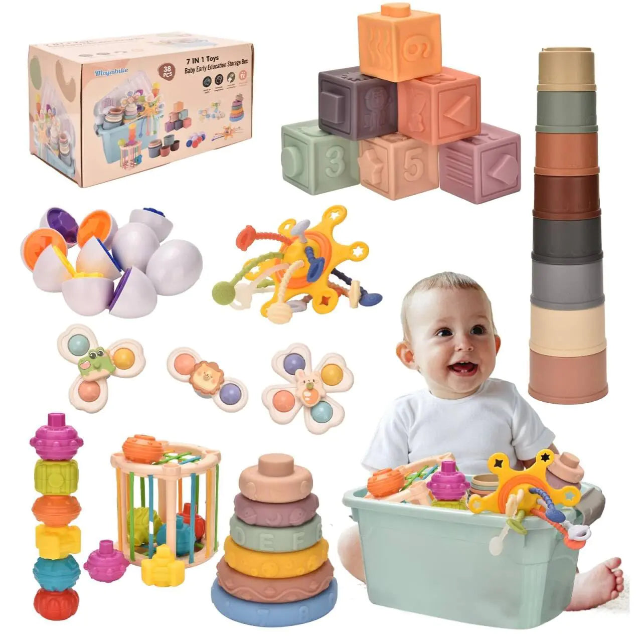 Montessori Toys for 1 Year OldBaby Toys 6-12 MonthsStacking Building Blocks & Soft Infant Teething Toys & Matching Eggs for Toddlers 0-3-6-9-12 MonthsBaby Boys&Girls Gifts(7 in 1)